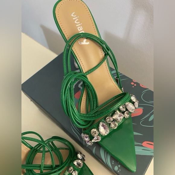 vivianly Strappy Stiletto Clear High Heels Rhinestone Woman's Size: 7  Green - Picture 5 of 9